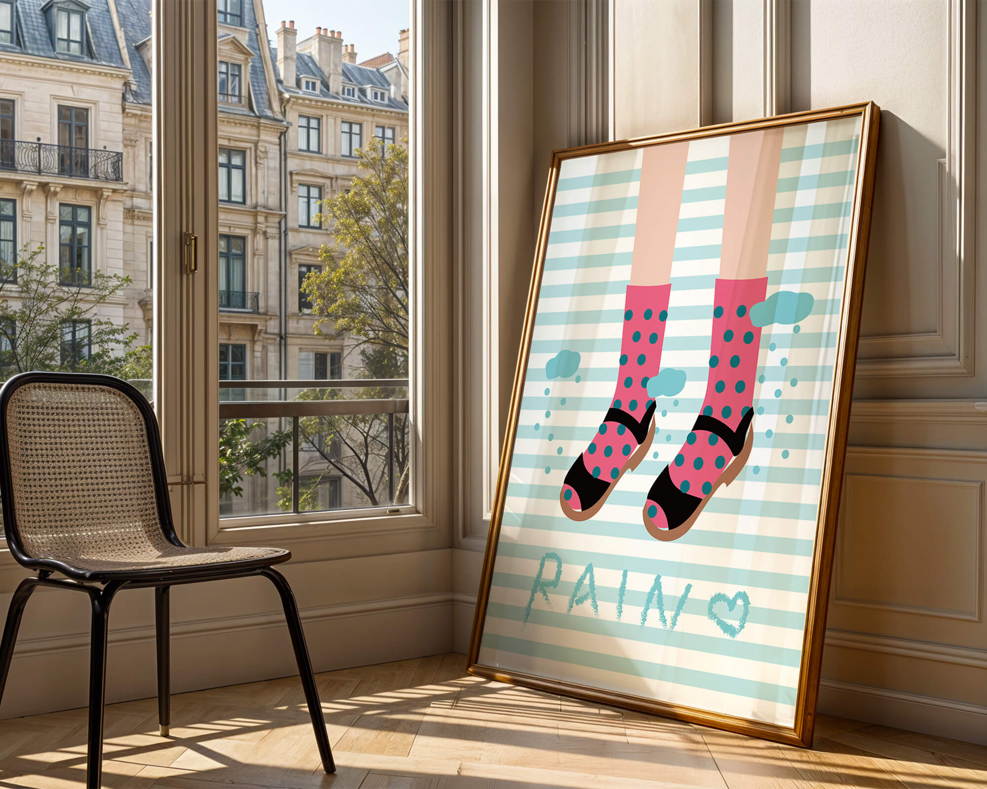 Illustration of polka dot socks and sandals on a striped background