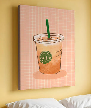 Taza de café helado ilustrada sobre fondo de cuadrícula de melocotón