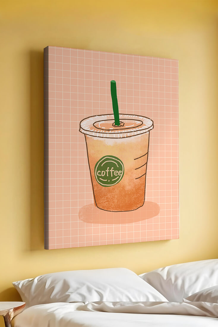 Illustrated iced coffee cup on peach grid background