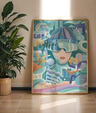 Futuristic digital art with virtual reality and technology themes