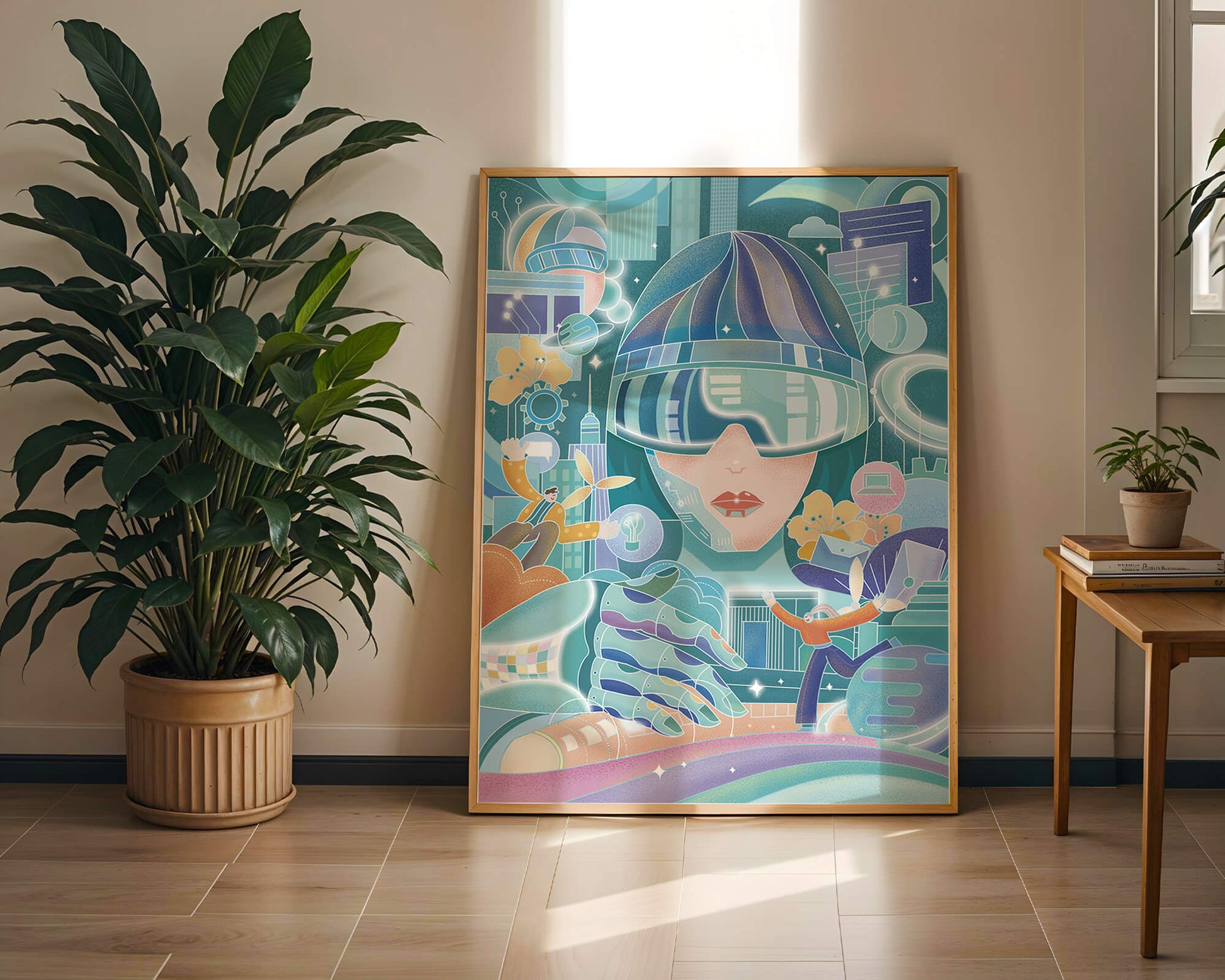 Futuristic digital art with virtual reality and technology themes