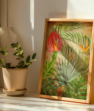 Colorful botanical illustration with tropical leaves on textured background