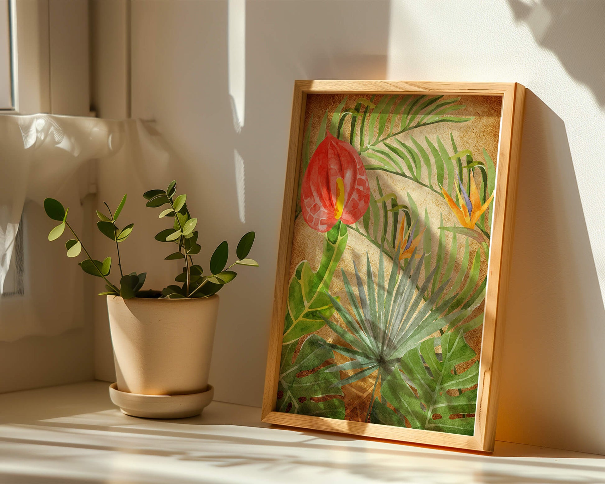Colorful botanical illustration with tropical leaves on textured background