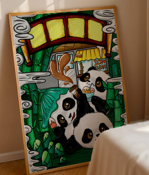 Ilustración de pandas encantadores disfrutando de helado bajo un puente de bambú