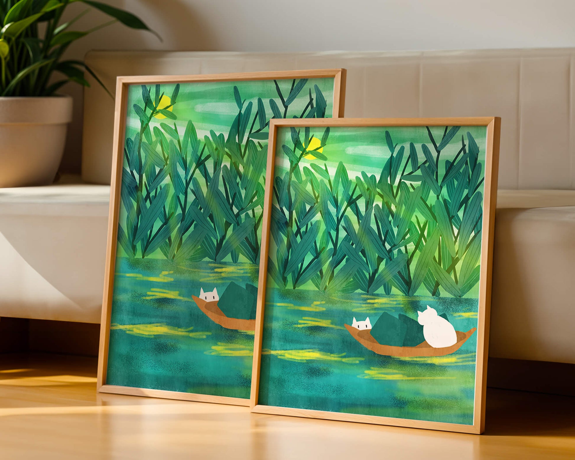 Serene landscape with cats on a boat in lush greenery