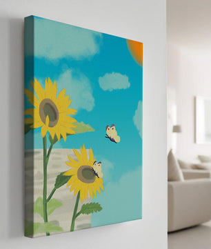 Sunflowers And Butterflies Under A Bright Blue Sky