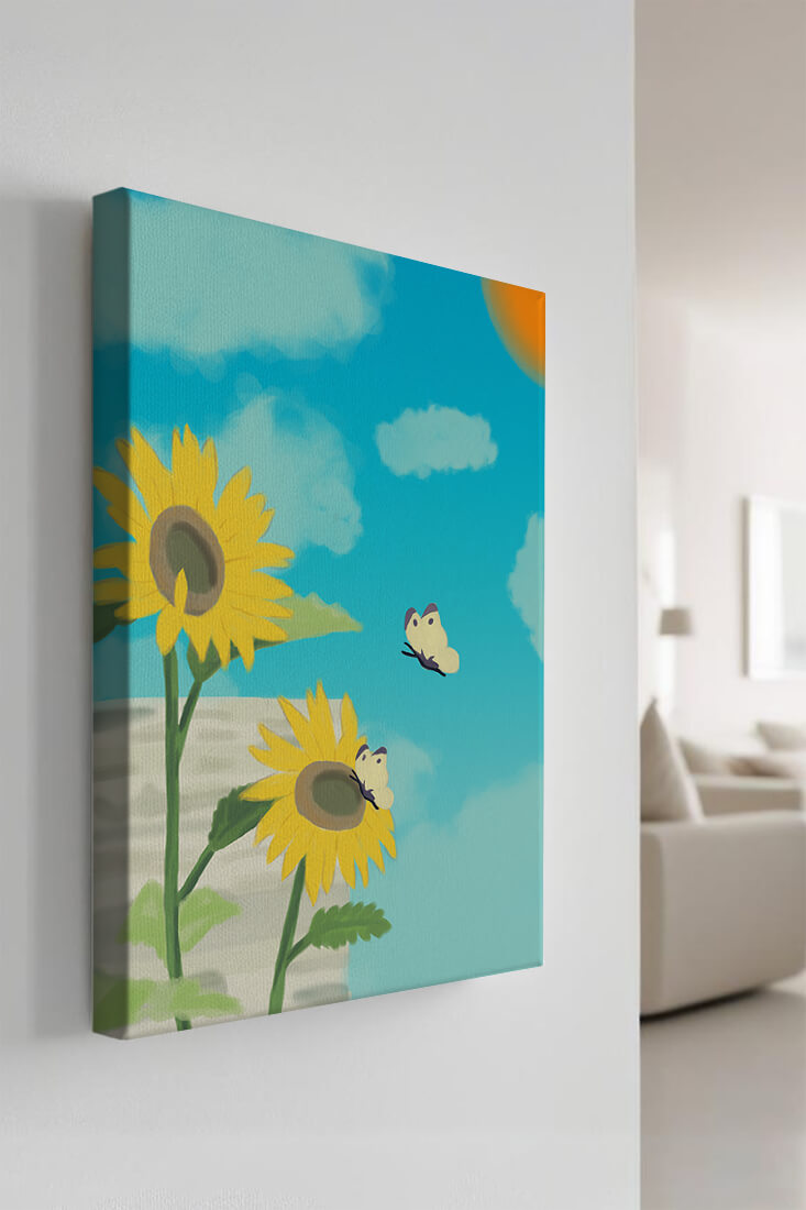 Sunflowers And Butterflies Under A Bright Blue Sky