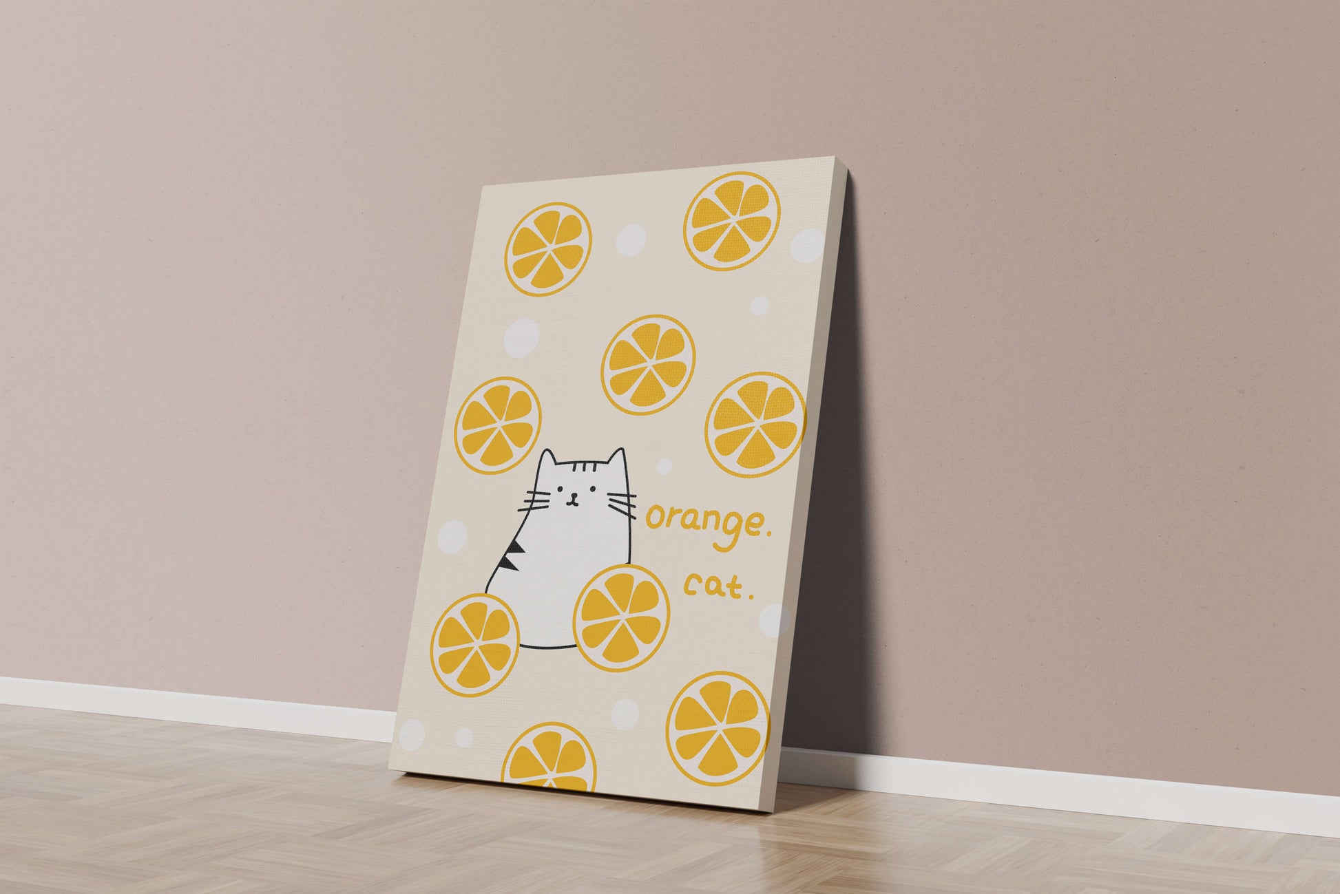 Playful illustration featuring a cat and orange slices