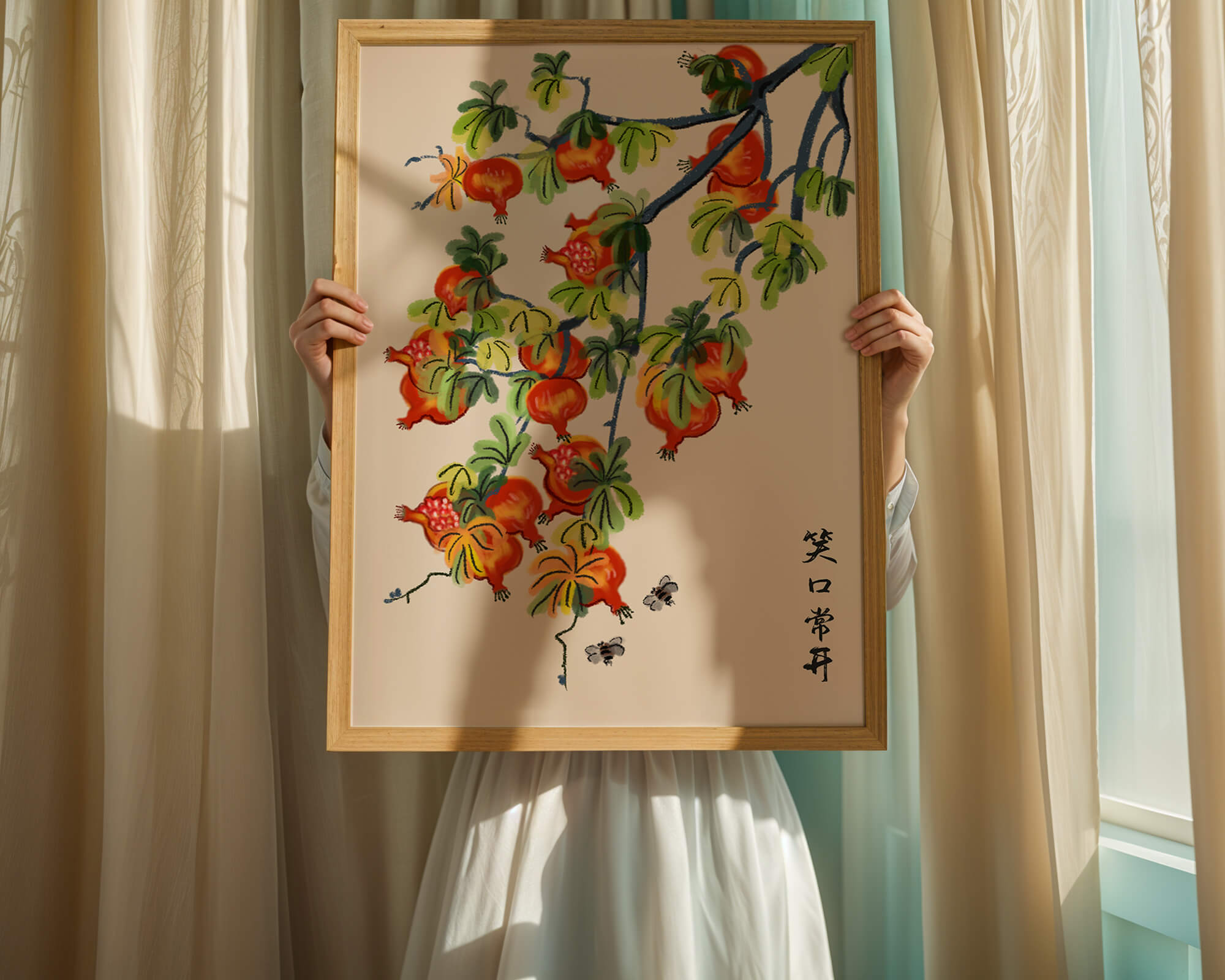 Artistic illustration of vibrant pomegranates on a branch with Asian aesthetic