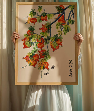 Artistic illustration of vibrant pomegranates on a branch with Asian aesthetic