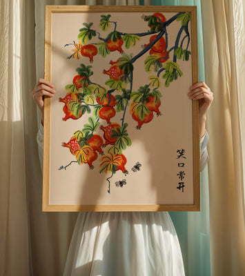 Artistic illustration of vibrant pomegranates on a branch with Asian aesthetic