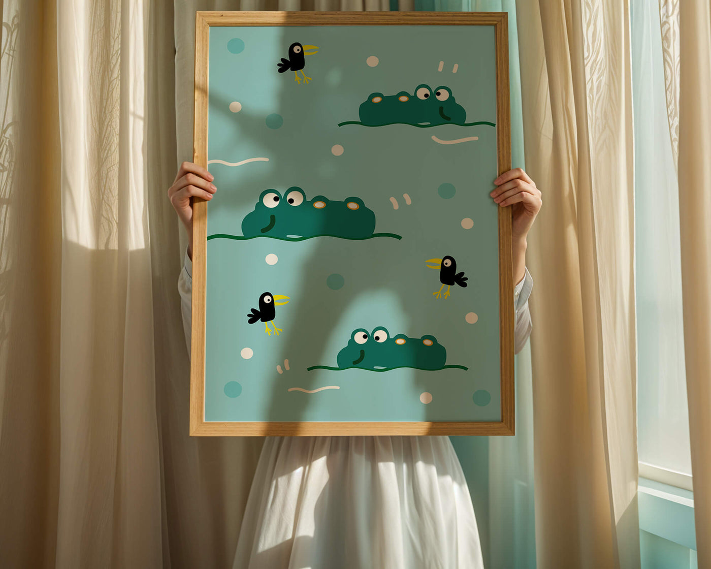 Playful cartoon crocodiles and birds on blue patterned background