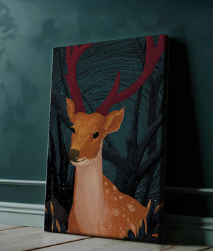 Ilustración majestuosa de un ciervo en un bosque místico