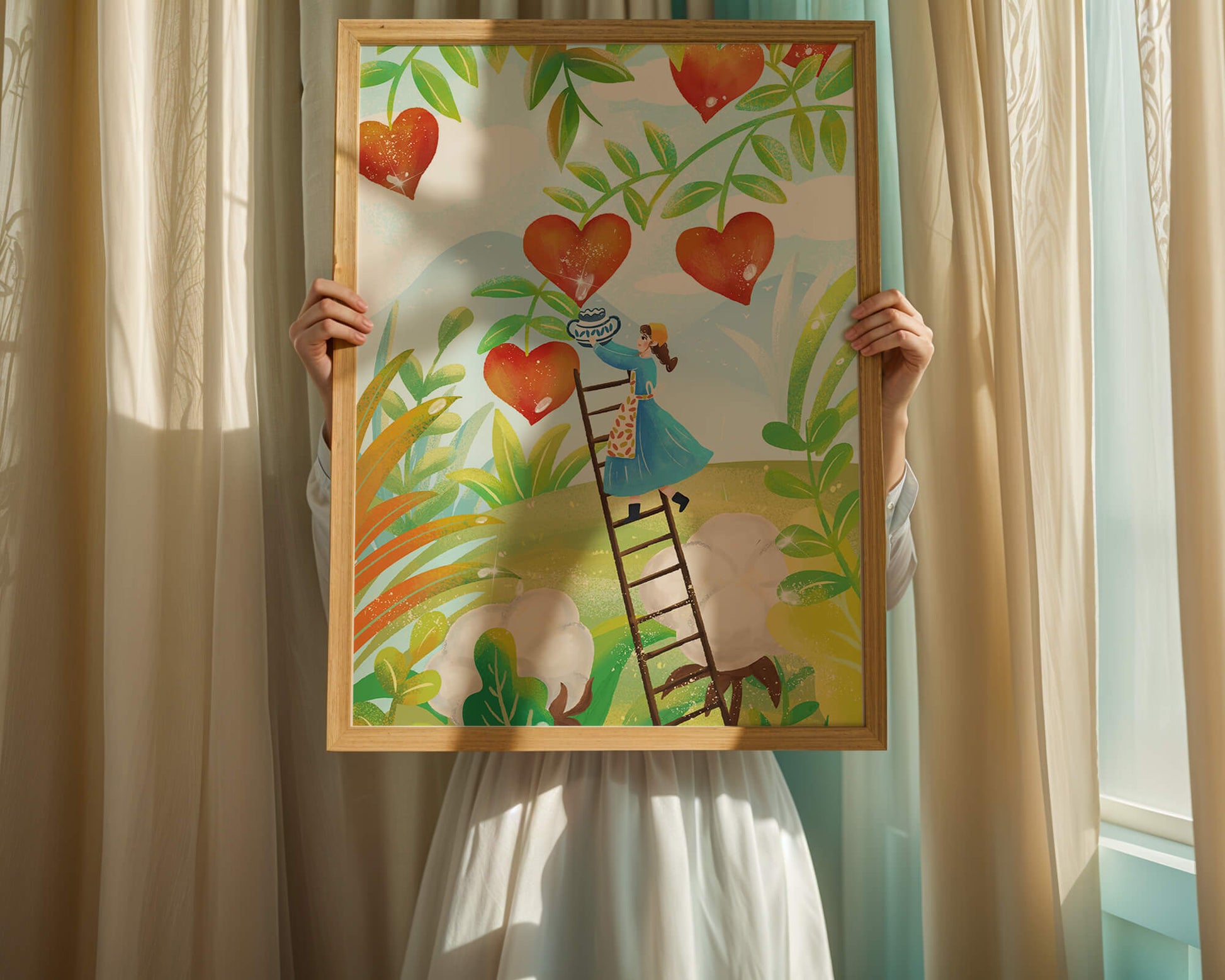 Mujer recolectando frutas en forma de corazón en el vibrante campo