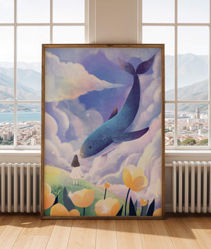 Paisaje surrealista con una ballena gigante y elementos caprichosos