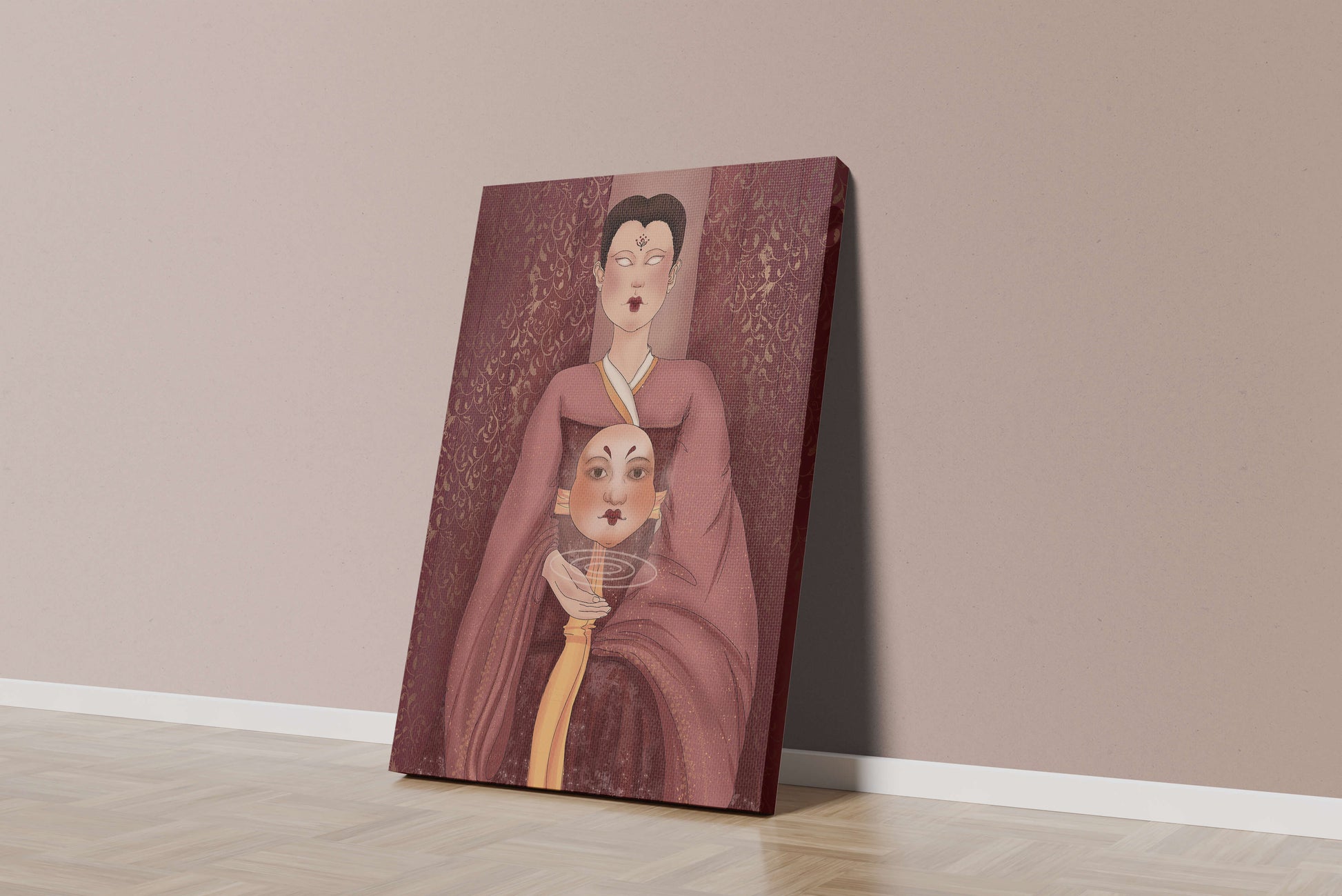 Ilustración de una figura mística con máscara y fondo ornamentado