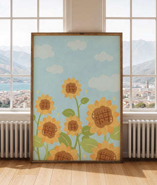 Sunflowers Under Blue Sky with Floating Clouds