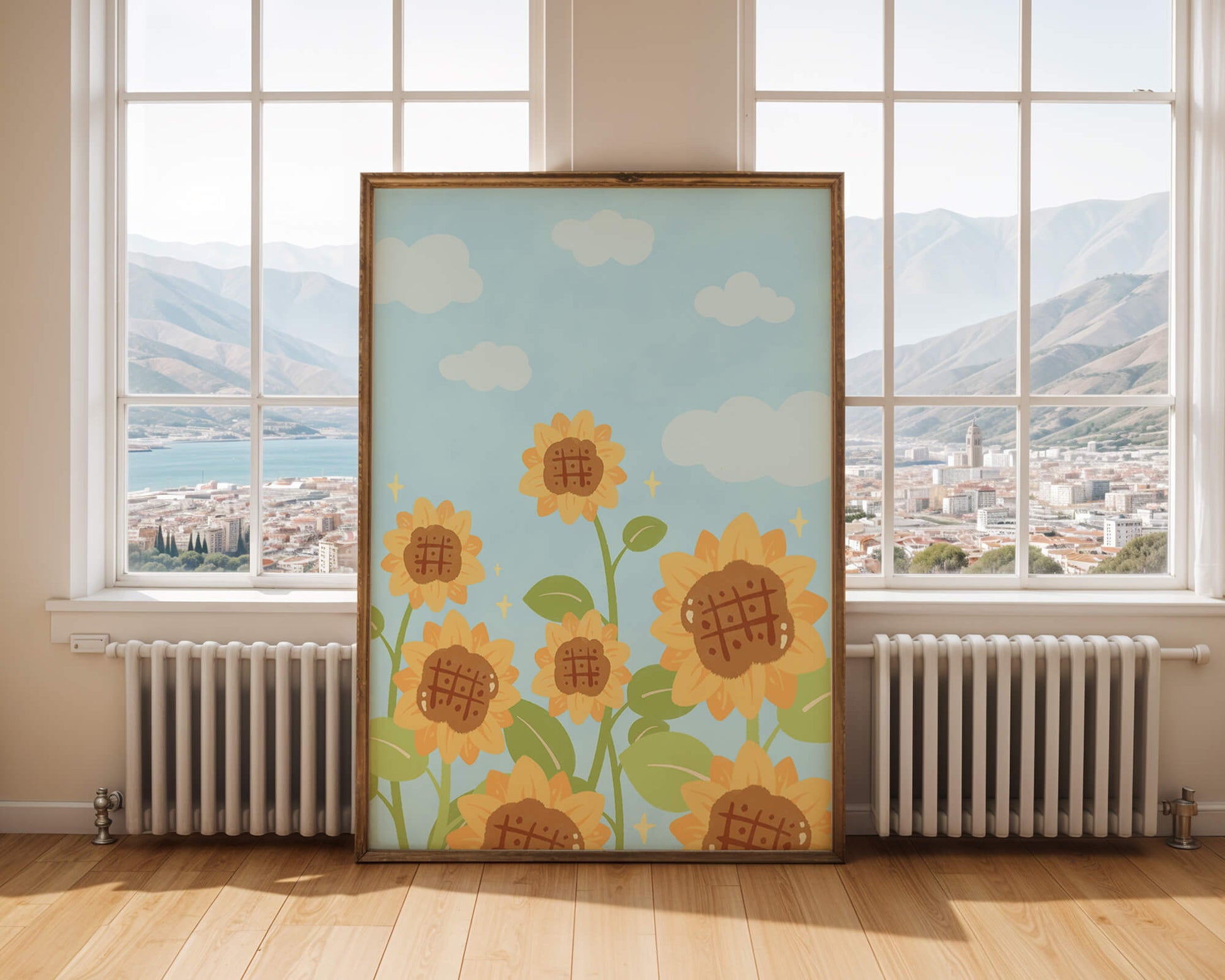 Sunflowers Under Blue Sky with Floating Clouds