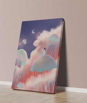 Dreamy Scene with Floating Jellyfish and Moonlit Sky