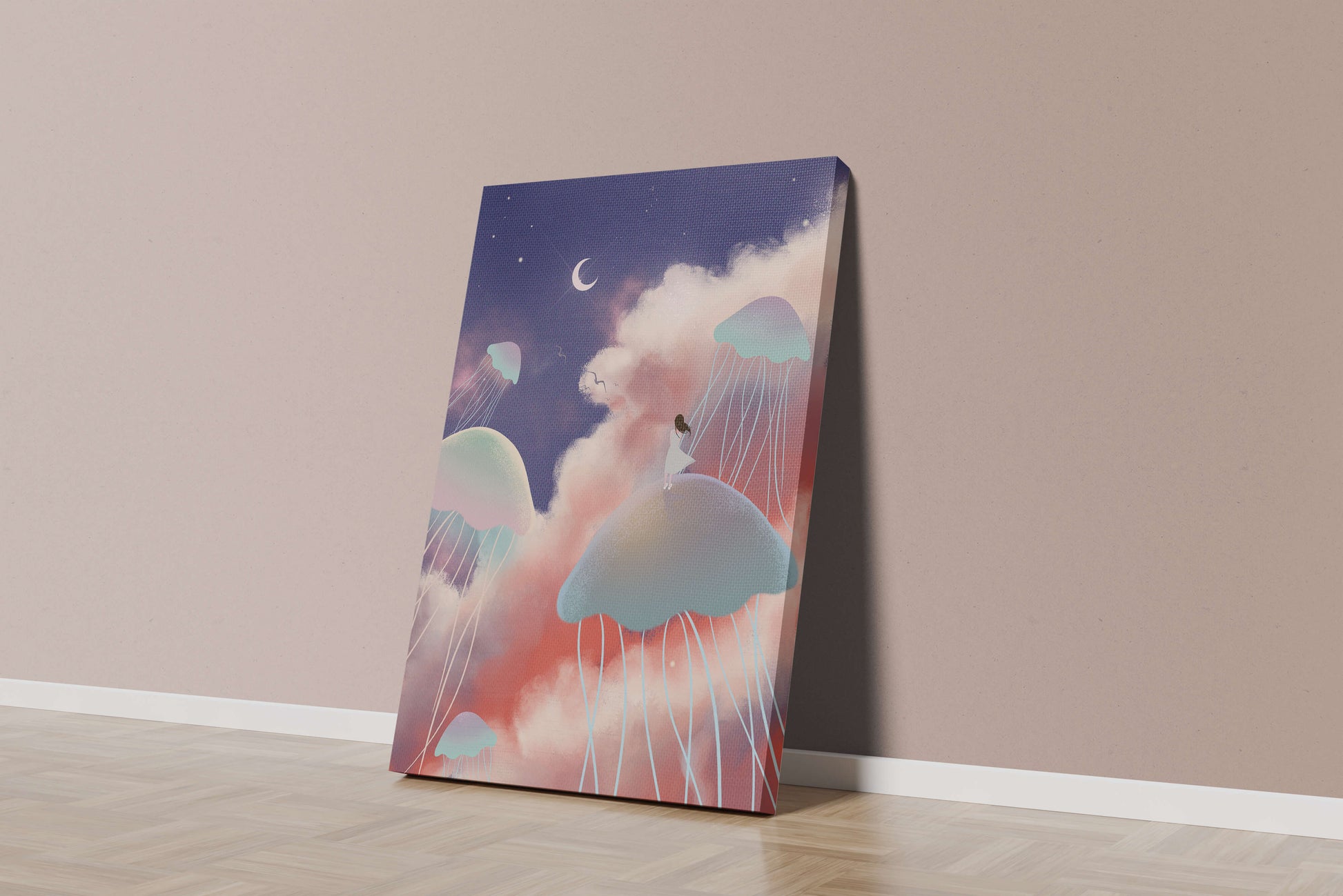 Dreamy Scene with Floating Jellyfish and Moonlit Sky