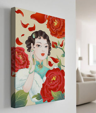 Mujer elegante rodeada de vibrantes flores y pétalos rojos