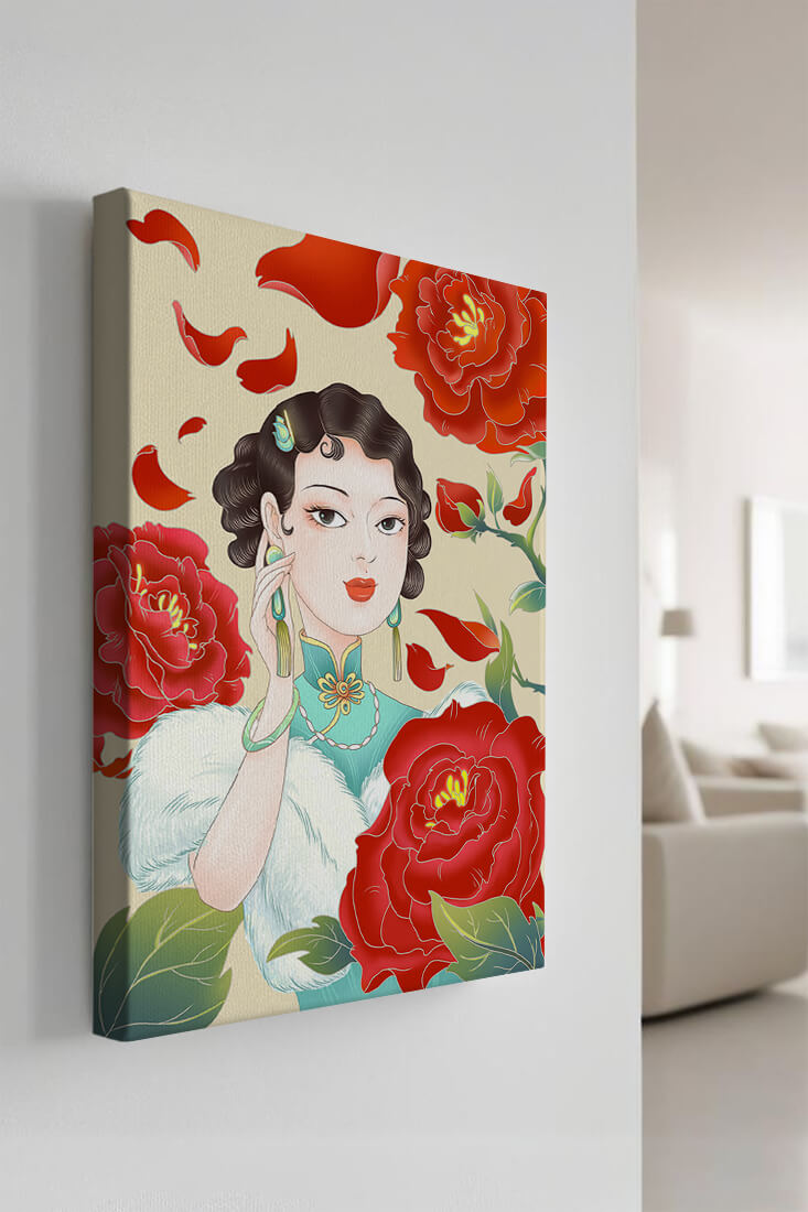 Elegant woman surrounded by vibrant red flowers and petals