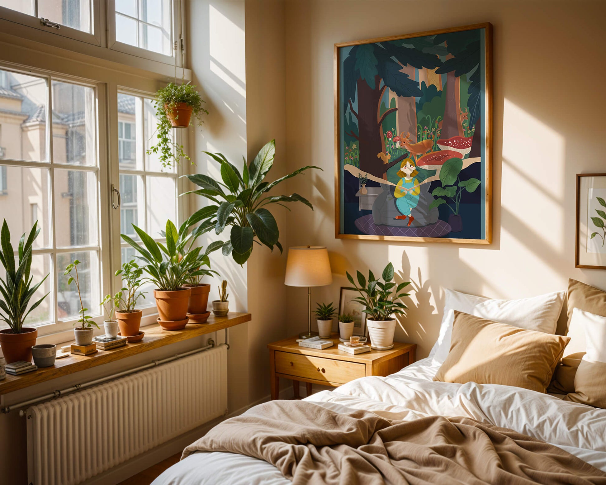 Figura femenina pacífica con criaturas del bosque y vegetación verde exuberante