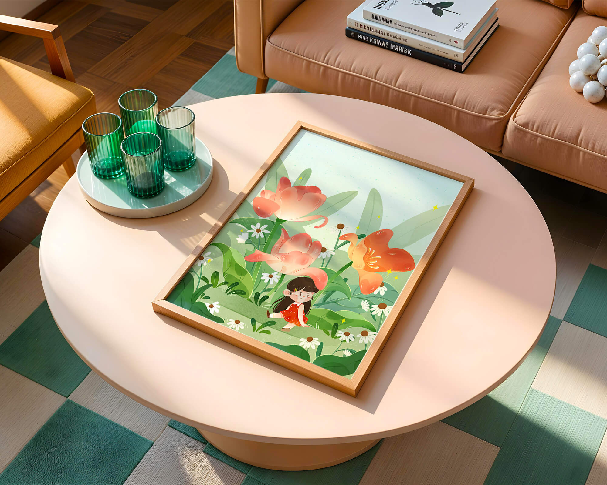 Charming floral garden with whimsical child illustration