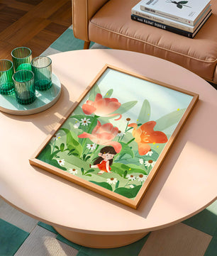 Encantador jardín floral con ilustración de niño caprichoso