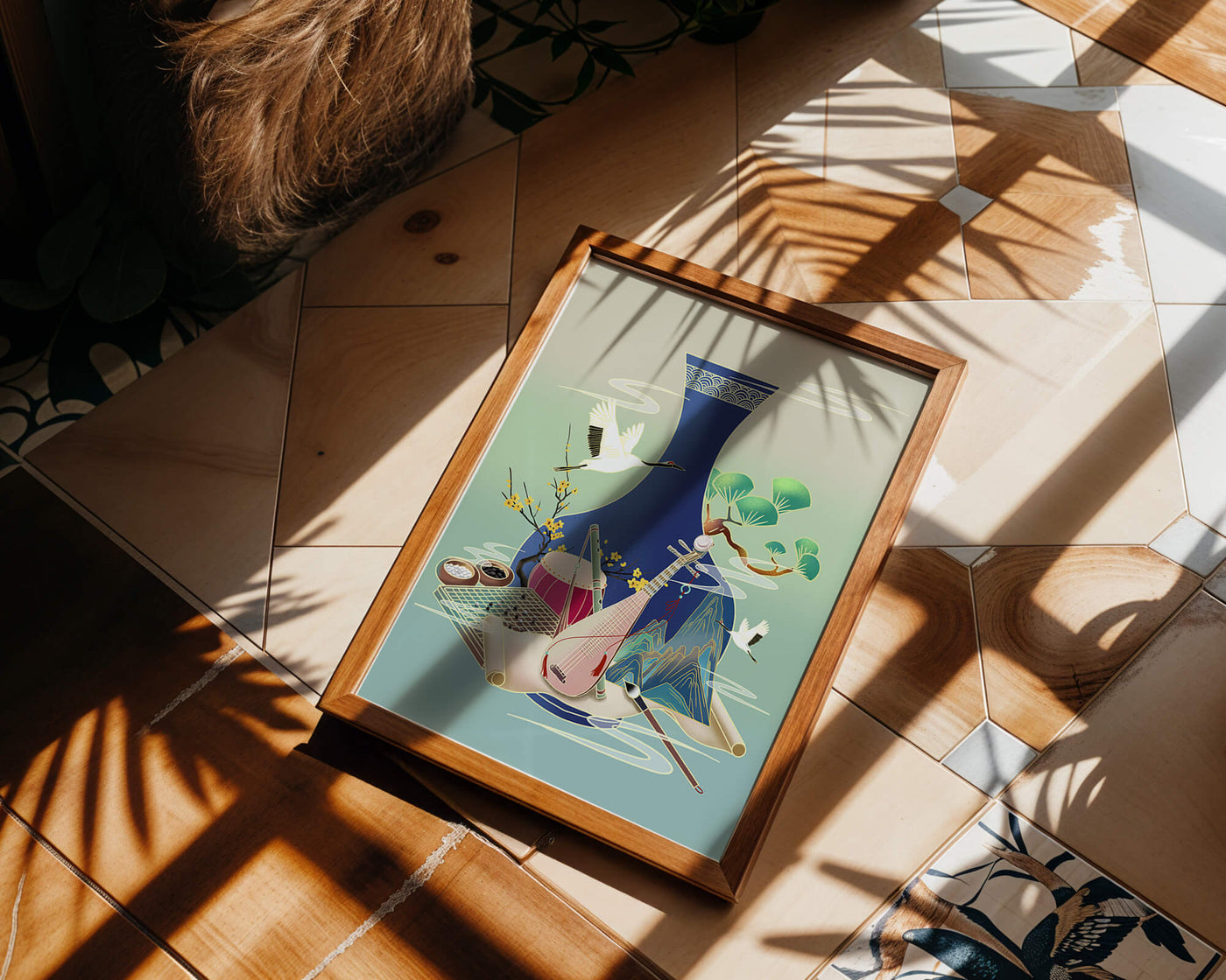 Traditional Asian art scene featuring vase, musical instruments, and cranes