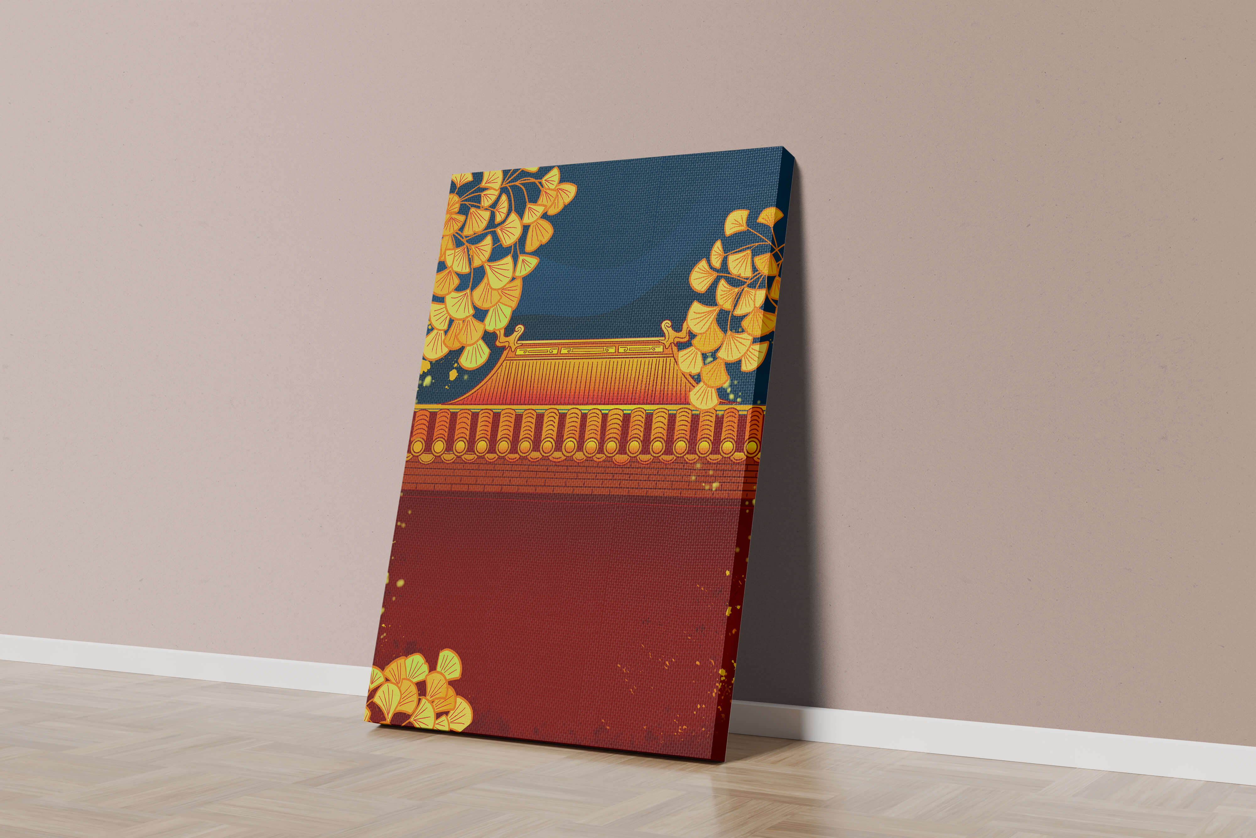 Traditional Asian rooftop with golden foliage on a dark evening sky background