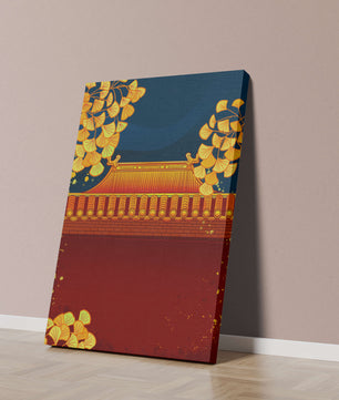 Traditionelles asiatisches Dach mit goldenem Laub auf dunklem Abendhimmel