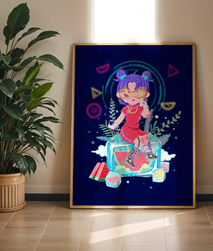 Personnage de dessin animé coloré avec des éléments futuristes