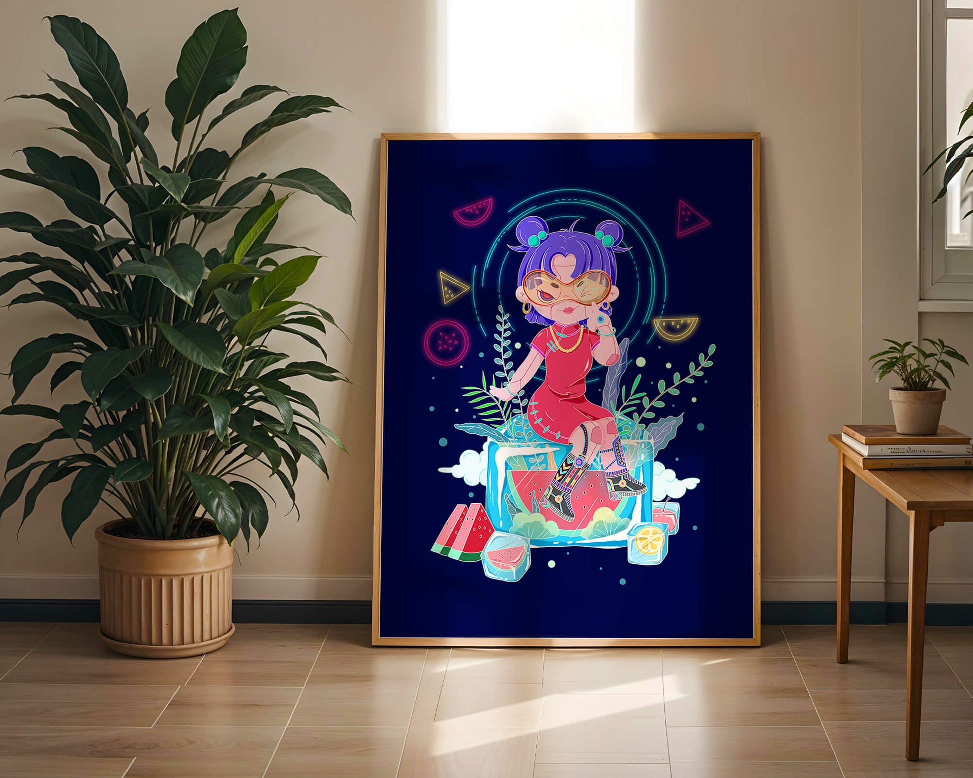 Personnage de dessin animé coloré avec des éléments futuristes