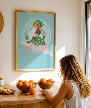 Mujer en un avión de papel con fondo de tema tropical