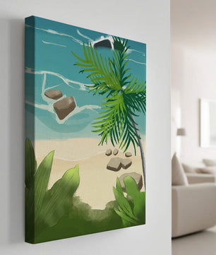 Serene tropical beach scene with lush greenery and calm waves