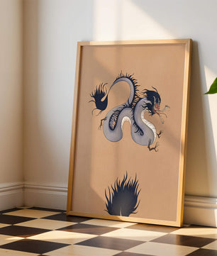 Illustration of a mystical dragon with fluid form on a beige background
