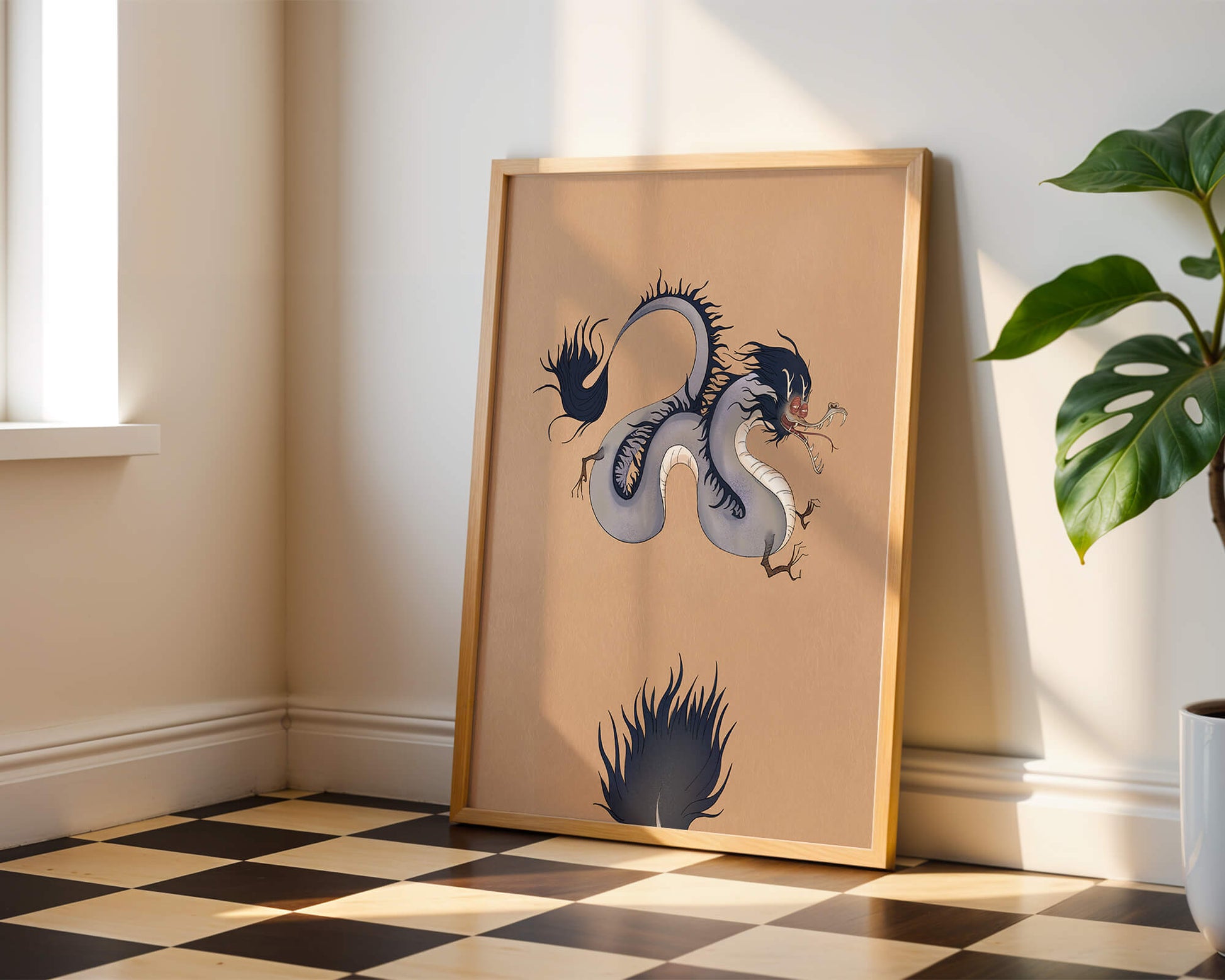 Illustration of a mystical dragon with fluid form on a beige background