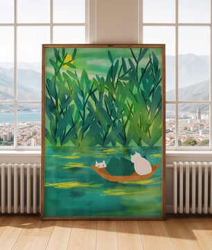 Paisaje sereno con gatos en un bote en medio de una vegetación exuberante
