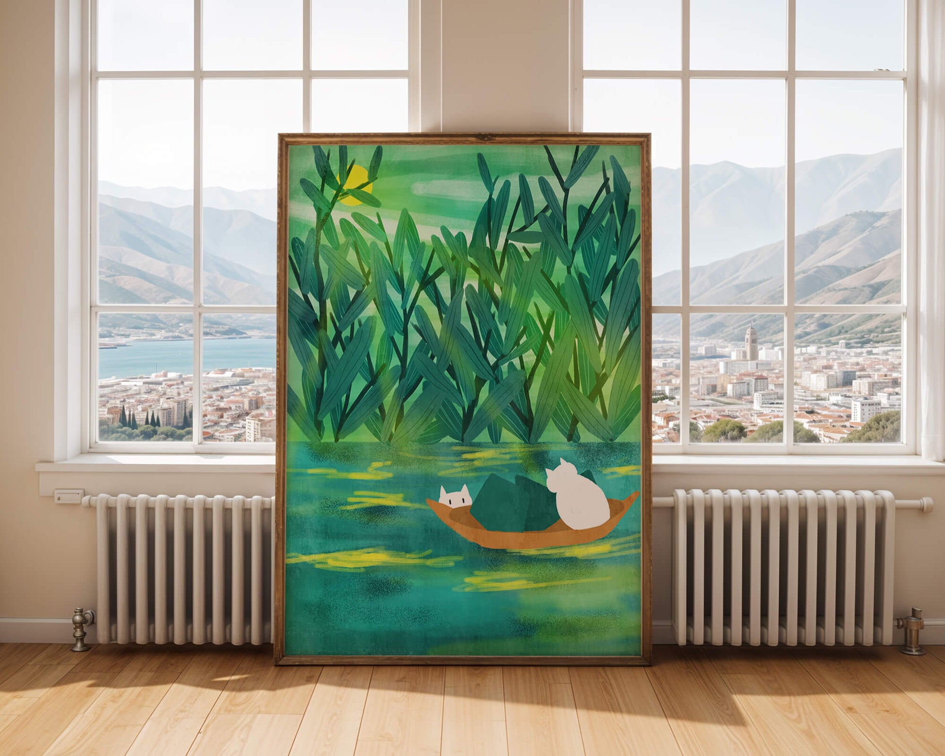 Serene landscape with cats on a boat in lush greenery