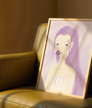Ilustración de una mujer con cabello morado y mariposas