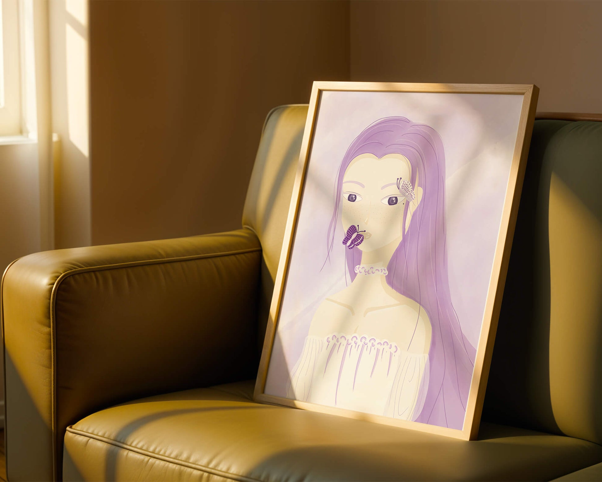 Illustration of a woman with purple hair and butterflies