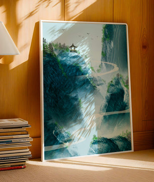 Paisaje montañoso sereno con pagoda y río serpenteante