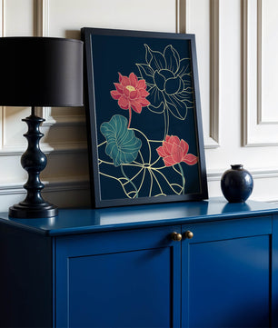 Vibrant Lotus Flowers on Dark Background with Gold Outline