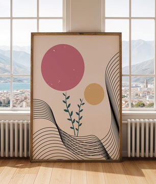 Composition florale abstraite avec des cercles roses et orange sur fond minimaliste