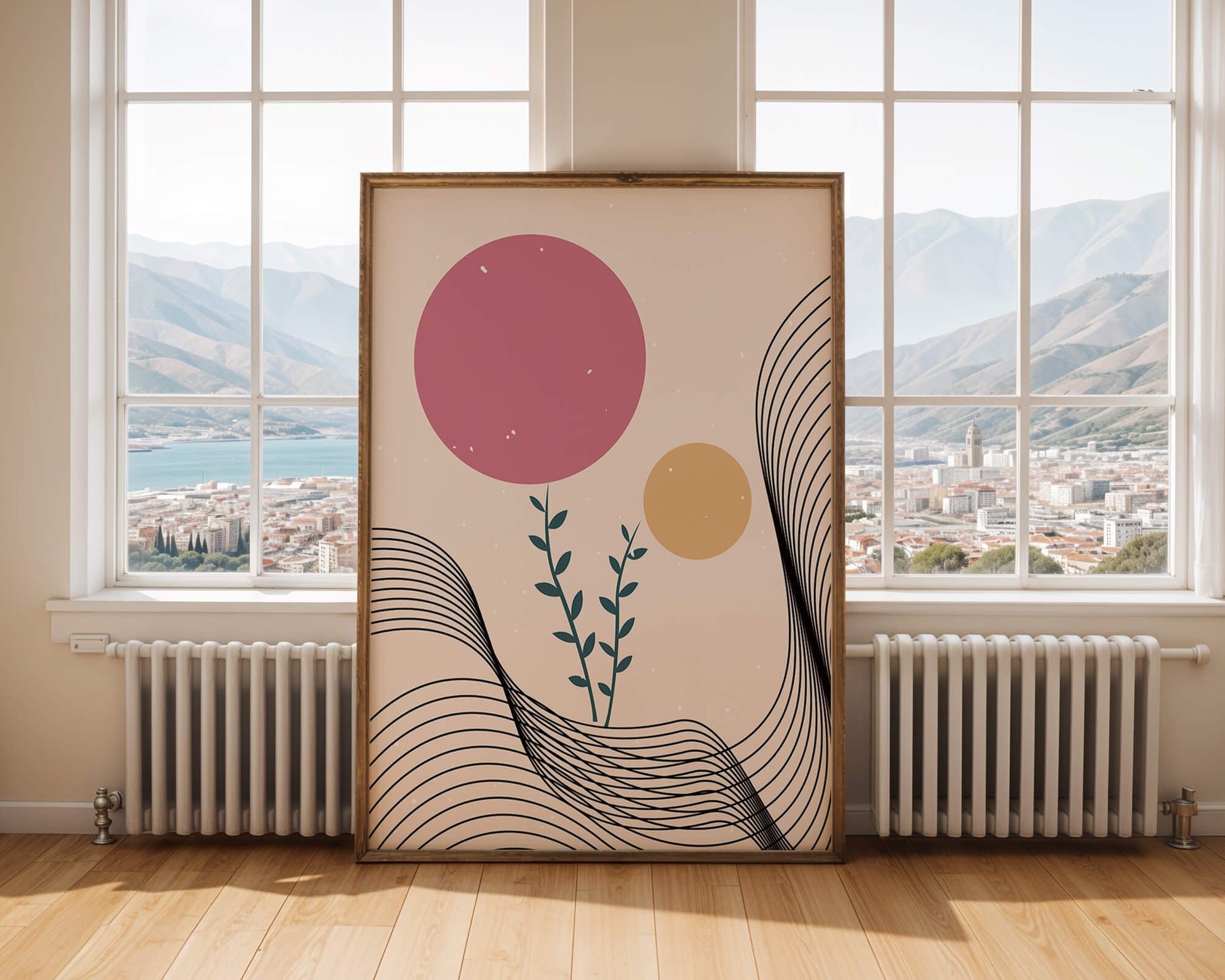Composition florale abstraite avec des cercles roses et orange sur fond minimaliste