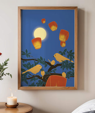 Lanterns and Birds Under the Night Sky