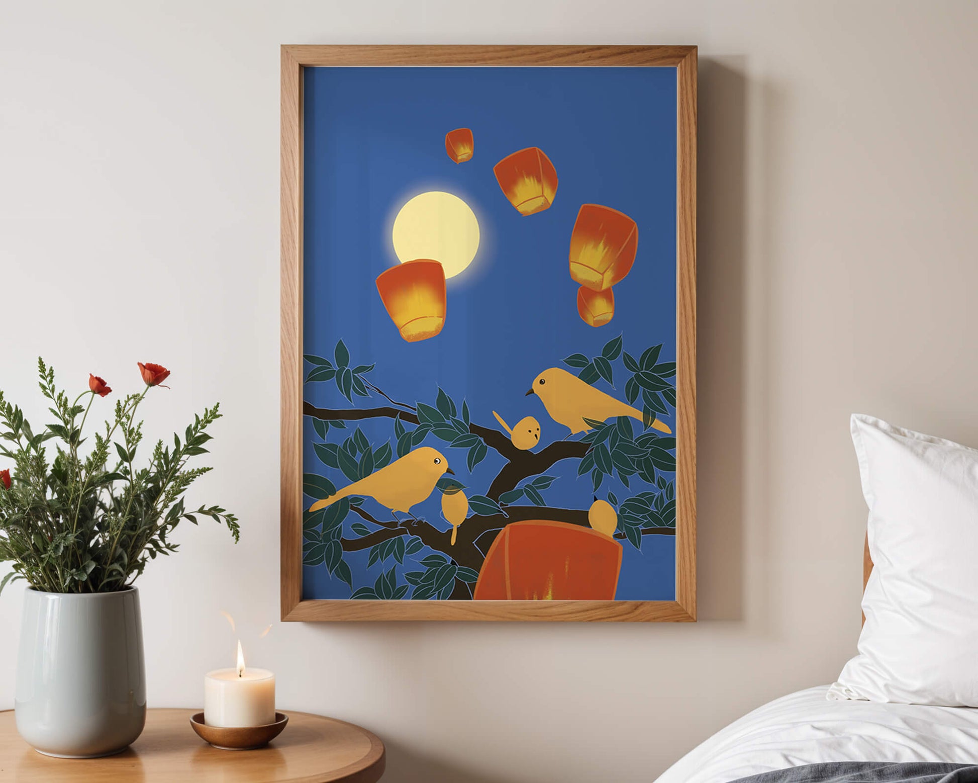 Lanterns and Birds Under the Night Sky
