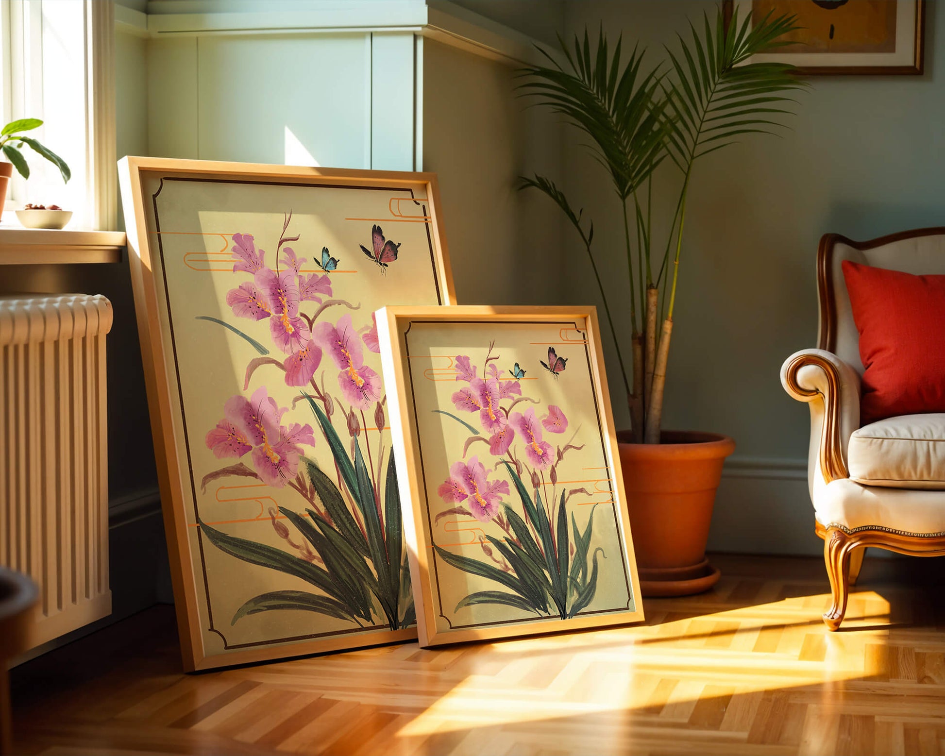 Elegant Floral Composition with Butterflies and Ornamental Background