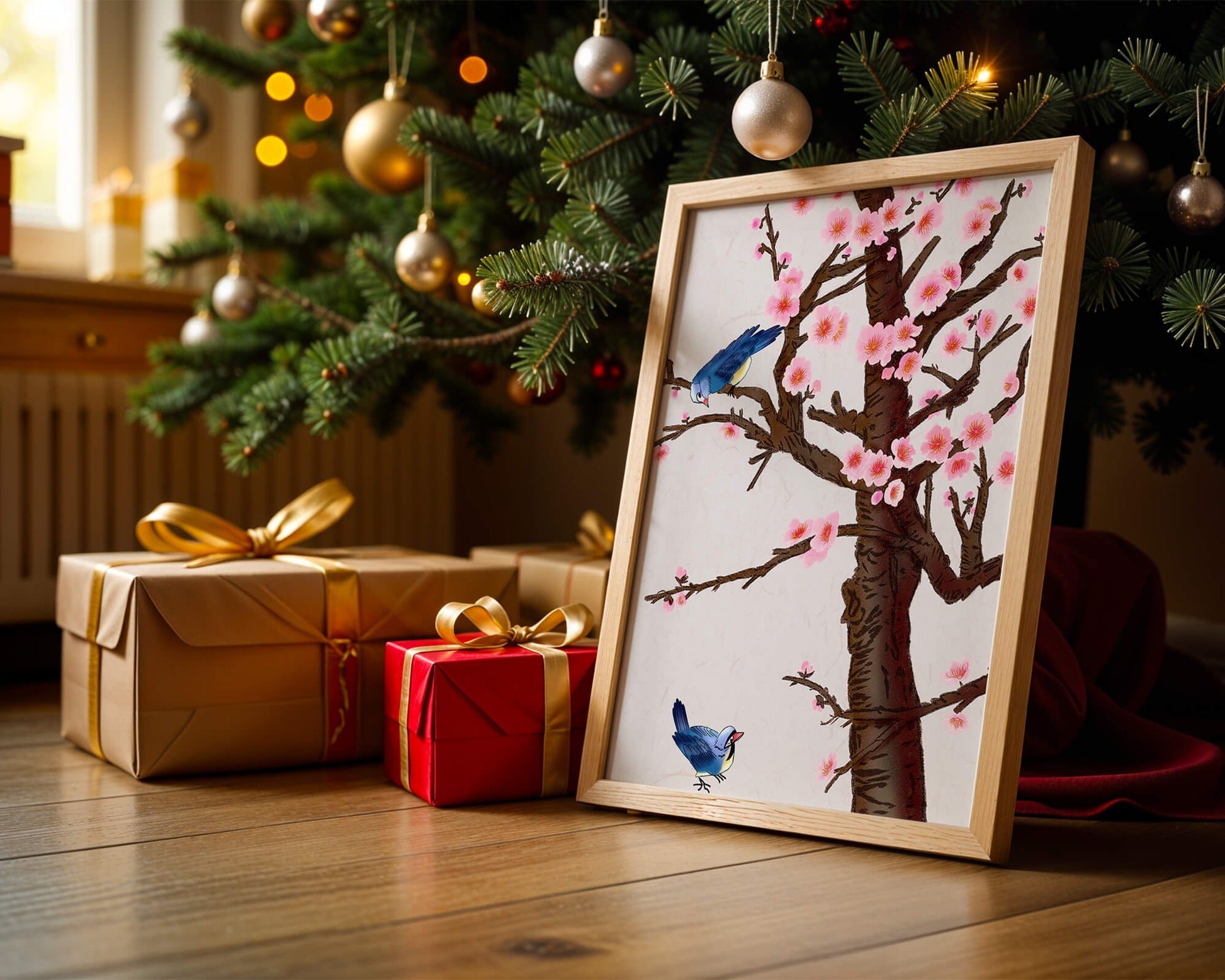 Charming illustration of cherry blossom tree with birds